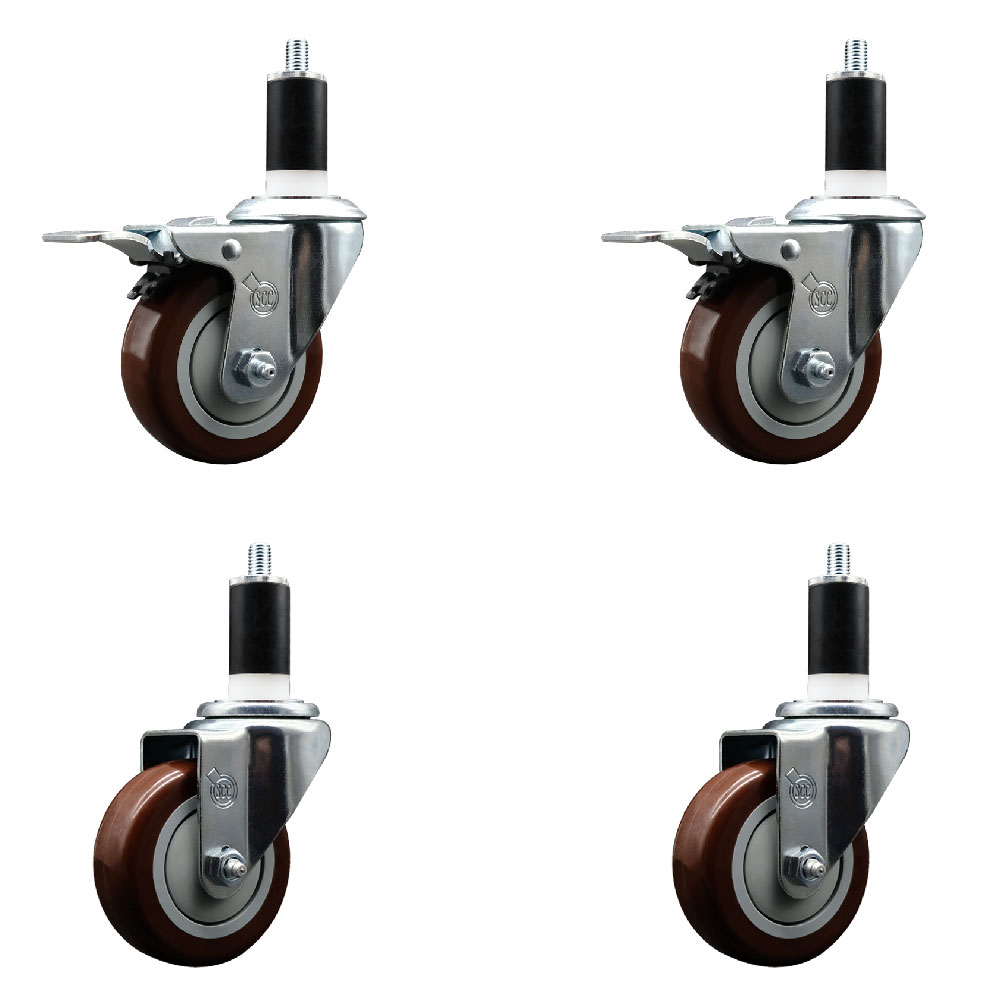 Stainless Steel Polyurethane Swivel Expanding Stem Caster Set of 4 with 3.5 Inch Maroon Wheels and 1-3/8" Stems - Includes 2 with Total Locking Brakes - 1200 lbs Total Capacity - Service Caster Brand — photo 1