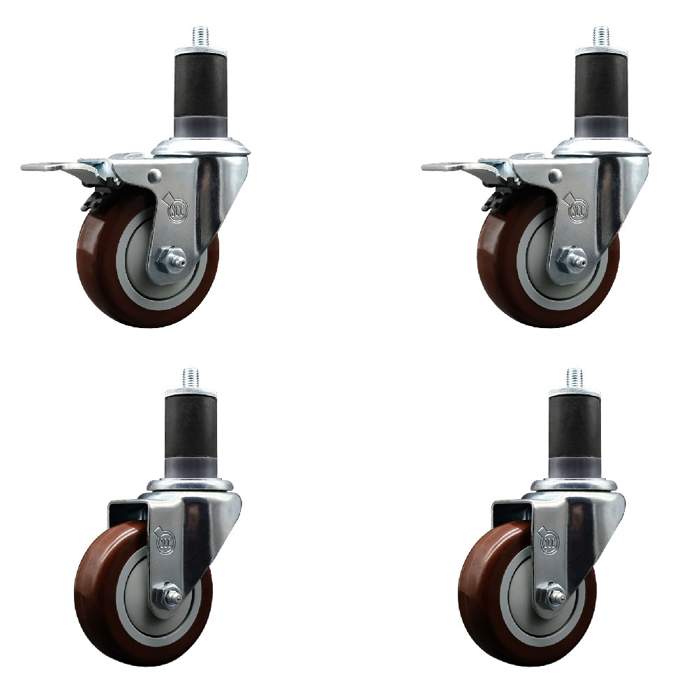 Polyurethane Swivel Expanding Stem Caster Set of 4 with 3.5 Inch Maroon Wheels and 1-5/8" Stems - Includes 2 with Total Locking Brakes - 1200 lbs Total Capacity - Service Caster Brand — photo 1