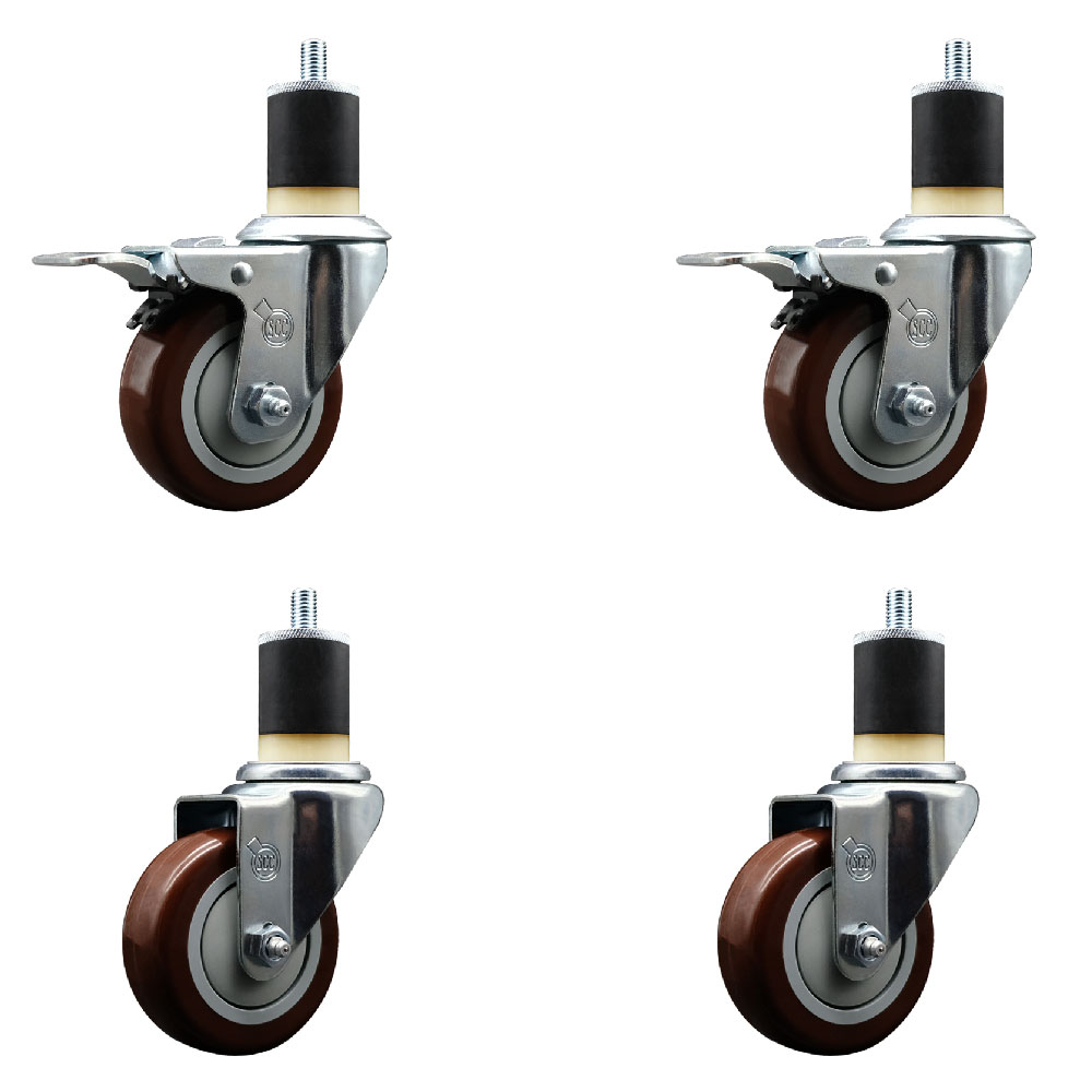 Polyurethane Swivel Expanding Stem Caster Set of 4 with 3.5 Inch Maroon Wheels and 1-7/8" Stems - Includes 2 with Total Locking Brakes - 1200 lbs Total Capacity - Service Caster Brand — photo 1