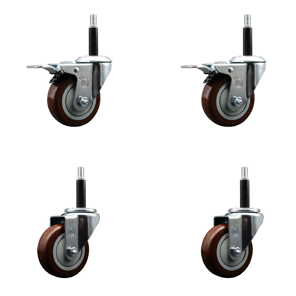 Stainless Steel Polyurethane Swivel Expanding Stem Caster Set of 4 with 3.5 Inch Maroon Wheels and 3/4" Stems - Includes 2 with Total Locking Brakes - 1200 lbs Total Capacity - Service Caster Brand — photo 1
