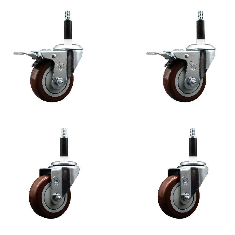 Polyurethane Swivel Expanding Stem Caster Set of 4 with 3.5 Inch Maroon Wheels and 7/8" Stems - Includes 2 with Total Locking Brakes - 1200 lbs Total Capacity - Service Caster Brand — photo 1
