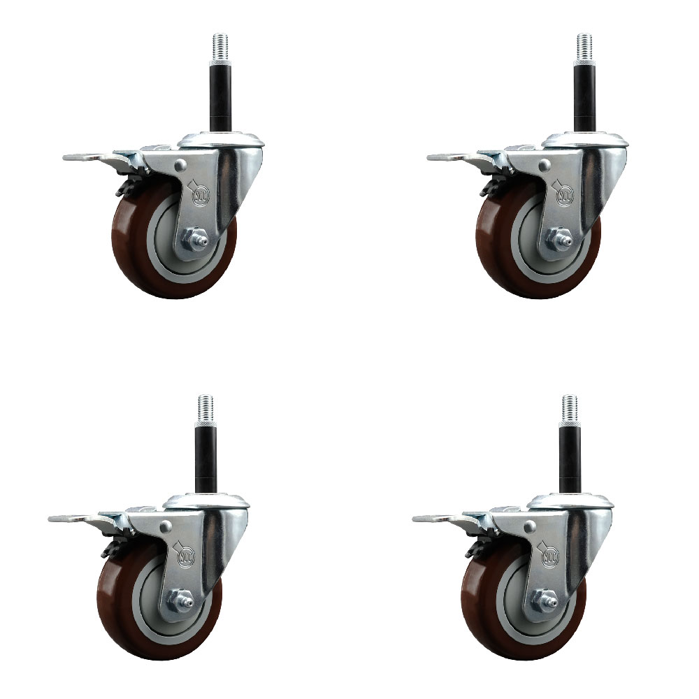 Stainless Steel Polyurethane Swivel Expanding Stem Caster Set of 4 with 3.5 Inch Maroon Wheels and 3/4" Stems - 4 Swivel with Total Locking Brakes - 300 lbs. Capacity Per Caster - Service Caster Brand — photo 1