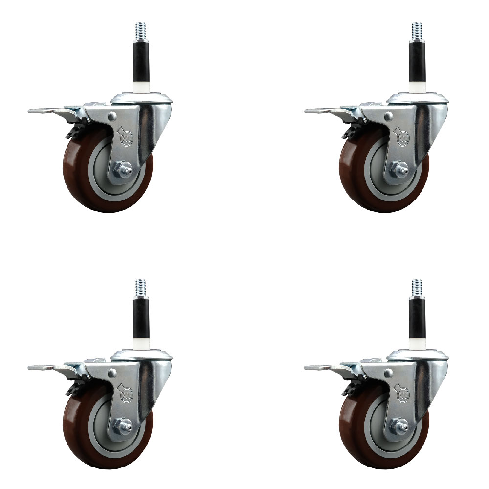 Polyurethane Swivel Expanding Stem Caster Set of 4 with 3.5 Inch Maroon Wheels and 7/8" Stems - Includes 4 Swivel with Total Locking Brakes - 300 lbs. Capacity Per Caster - Service Caster Brand — photo 1