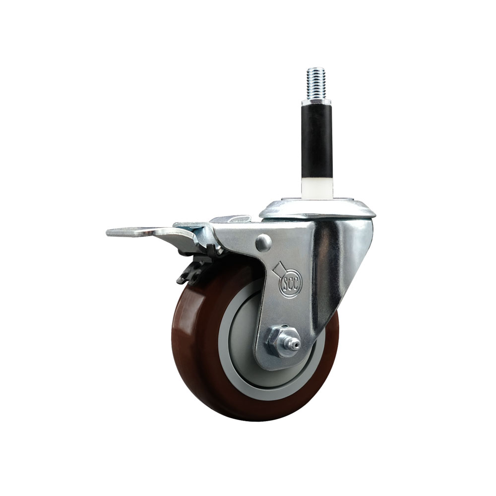 Stainless Steel Polyurethane Expanding Stem Swivel Caster with 3.5 Inch Maroon Wheel and 7/8" Stem & Total Locking Brake - 300 lbs. Capacity Per Caster - Service Caster Brand — photo 1
