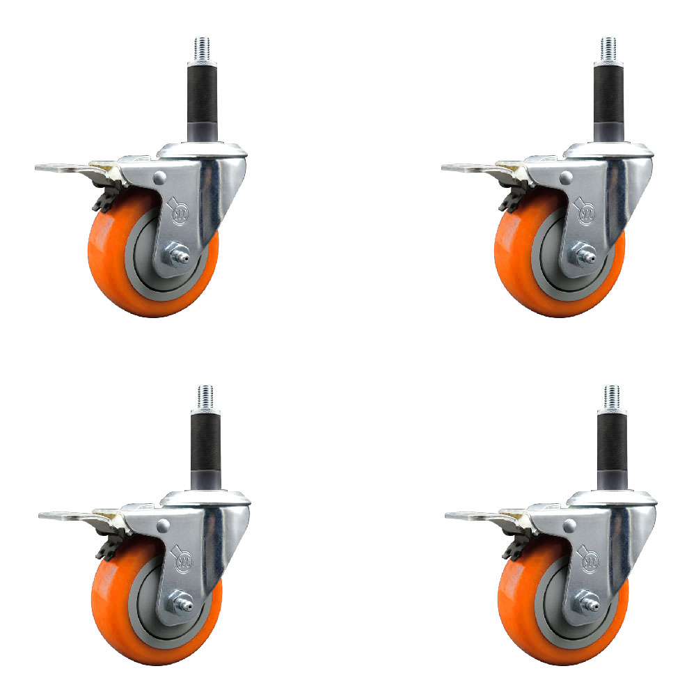 Stainless Steel Polyurethane Swivel Expanding Stem Caster Set of 4 with 3.5 Inch Orange Wheels and 1" Stems-Includes 4 Swivel with Total Locking Brakes-300lbs. Capacity Per Caster-Service Caster Brand — photo 1