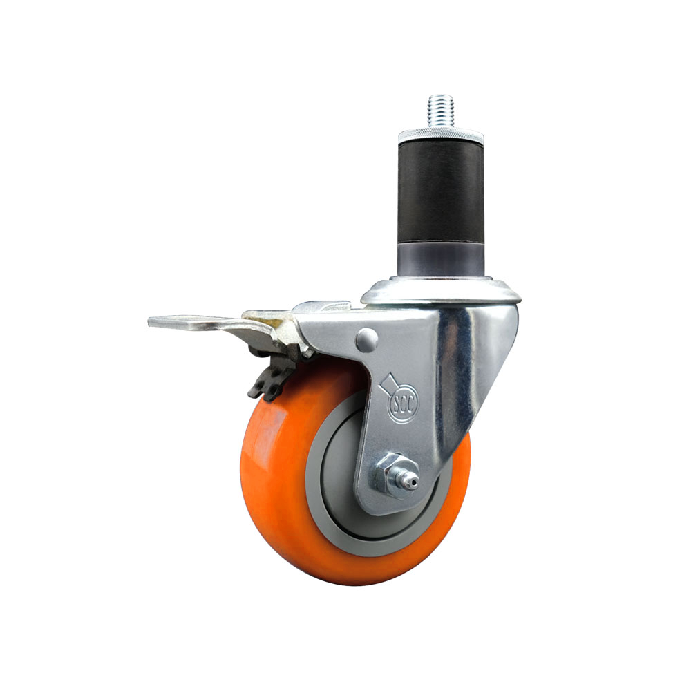 Polyurethane Expanding Stem Swivel Caster with 3.5 Inch Orange Wheel and 1-5/8" Stem & Total Locking Brake - 300 lbs. Capacity Per Caster - Service Caster Brand — photo 1