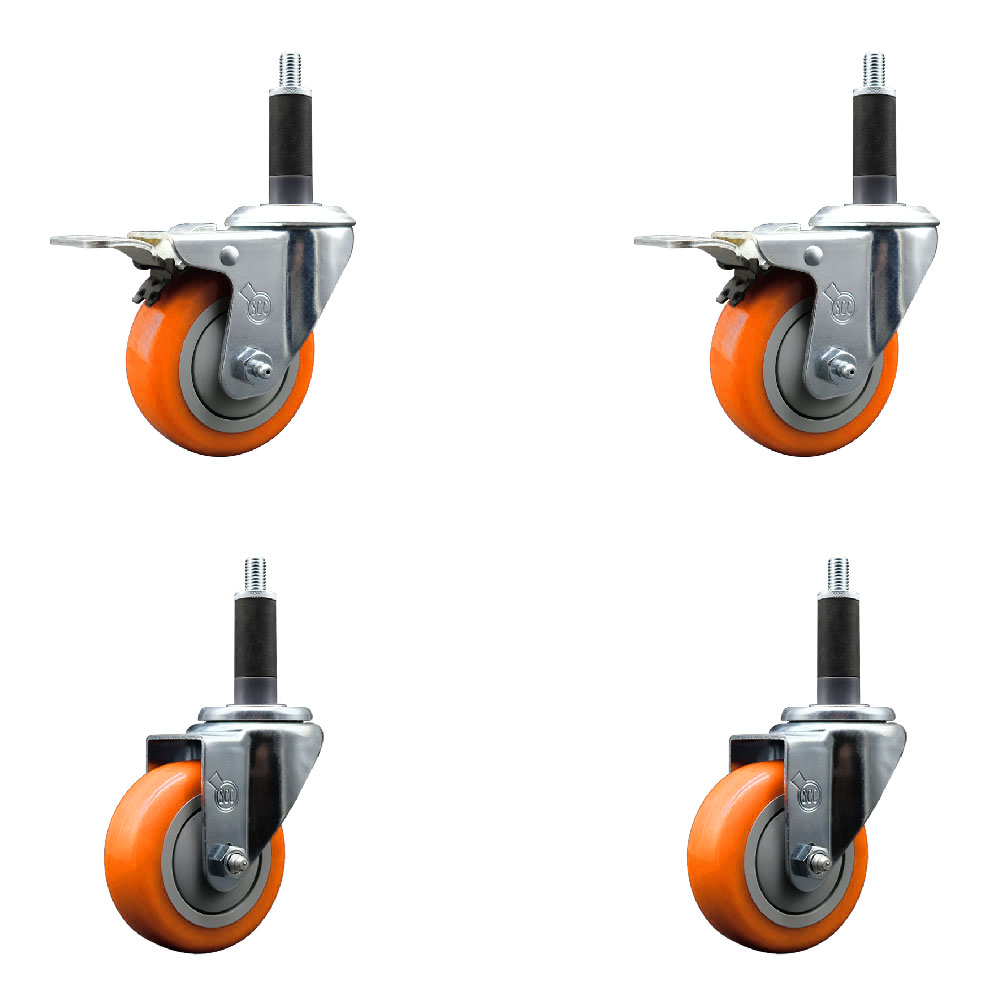 Stainless Steel Polyurethane Swivel Expanding Stem Caster Set of 4 with 3.5 Inch Orange Wheels and 1" Stems - Includes 2 with Total Locking Brakes - 1200 lbs Total Capacity - Service Caster Brand — photo 1