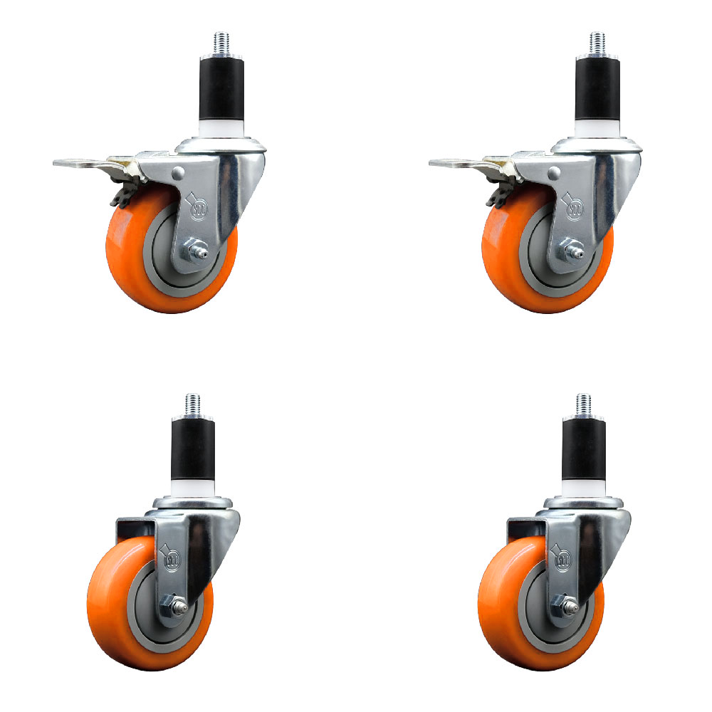 Polyurethane Swivel Stem Caster Set of 4 with 3.5 Inch Orange Caster Wheels-1-1/2" Expanding Stem-316 Stainless Steel Casters-Includes 2 Swivel with Total Lock Brakes and 2 Swivel-Service Caster Brand — photo 1