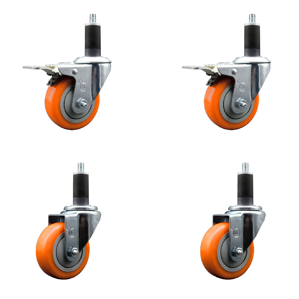 Polyurethane Swivel Expanding Stem Caster Set of 4 with 3.5 Inch Orange Wheels and 1-1/4" Stems - Includes 2 with Total Locking Brakes - 1200 lbs Total Capacity - Service Caster Brand — photo 1