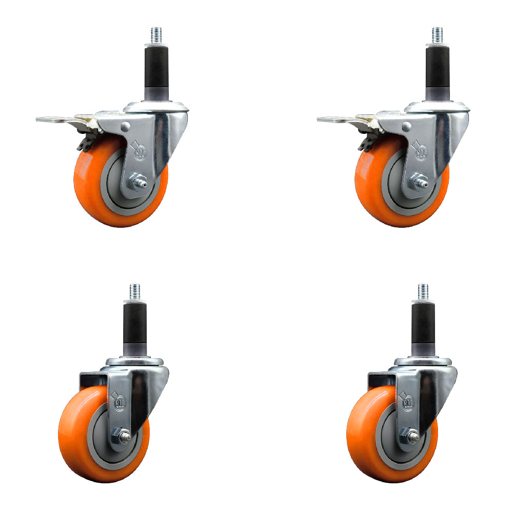 Stainless Steel Polyurethane Swivel Expanding Stem Caster Set of 4 with 3.5 Inch Orange Wheels and 1-1/8" Stems - Includes 2 with Total Locking Brakes - 1200 lbs Total Capacity - Service Caster Brand — photo 1