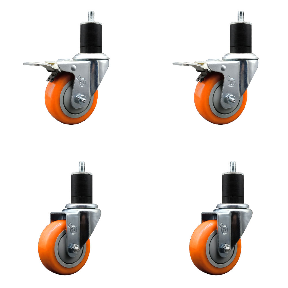 Stainless Steel Polyurethane Swivel Expanding Stem Caster Set of 4 with 3.5 Inch Orange Wheels and 1-3/4" Stems - Includes 2 with Total Locking Brakes - 1200 lbs Total Capacity - Service Caster Brand — photo 1