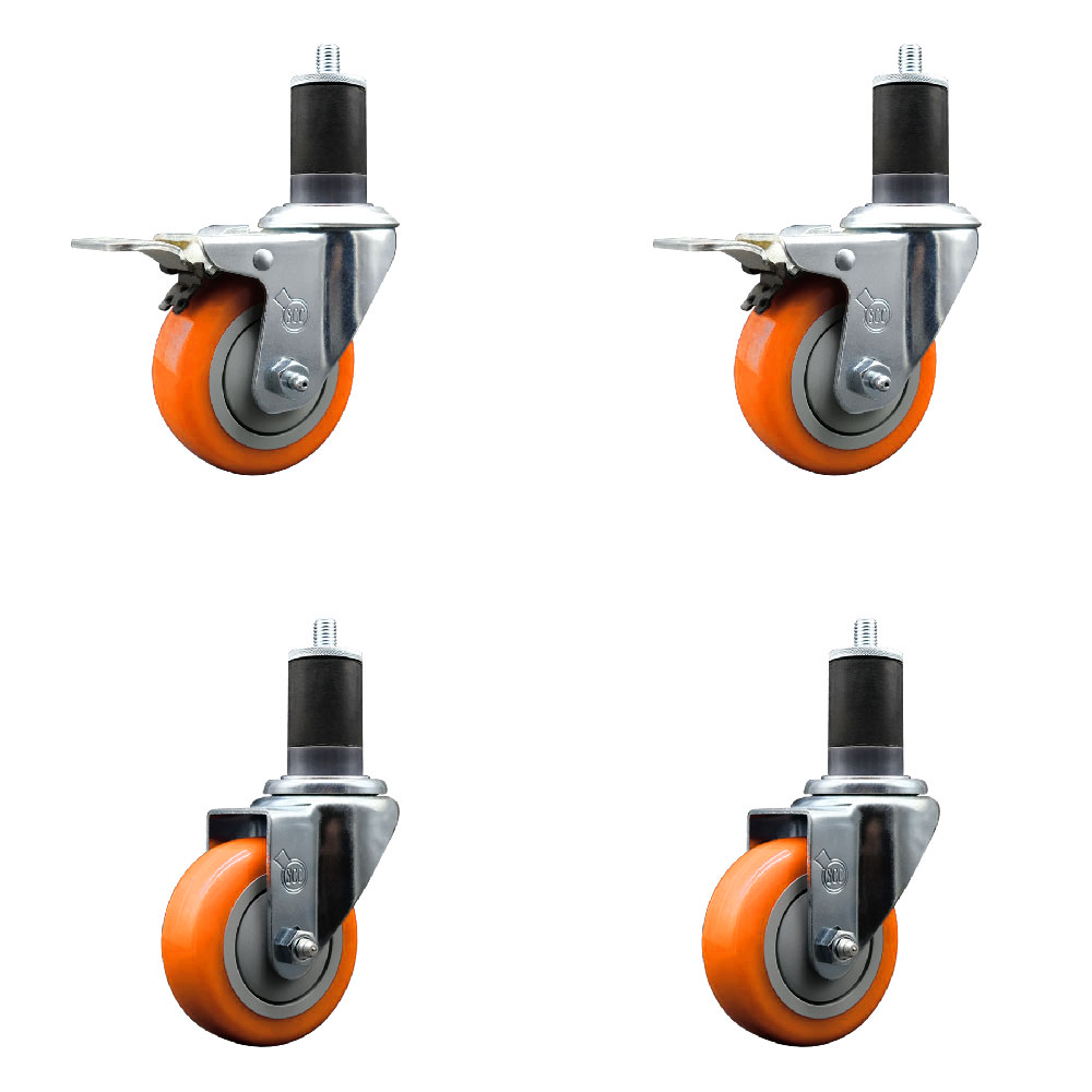 Stainless Steel Polyurethane Swivel Expanding Stem Caster Set of 4 with 3.5 Inch Orange Wheels and 1-5/8" Stems - Includes 2 with Total Locking Brakes - 1200 lbs Total Capacity - Service Caster Brand — photo 1