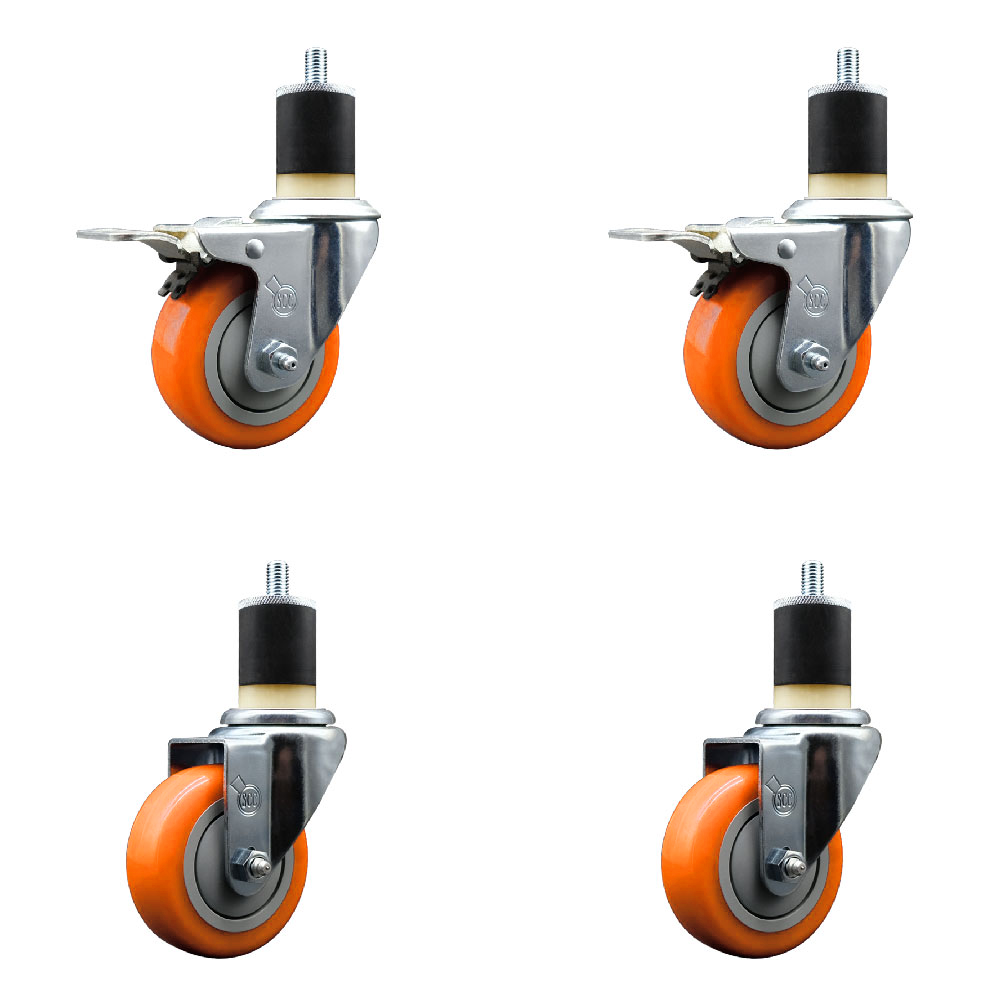 Polyurethane Swivel Expanding Stem Caster Set of 4 with 3.5 Inch Orange Wheels and 1-7/8" Stems - Includes 2 with Total Locking Brakes - 1200 lbs Total Capacity - Service Caster Brand — photo 1