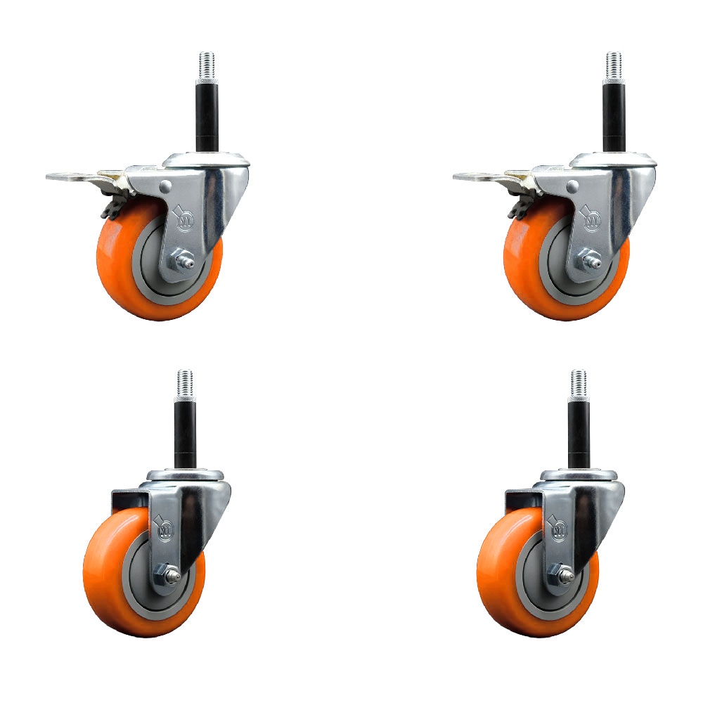 Polyurethane Swivel Expanding Stem Caster Set of 4 with 3.5 Inch Orange Wheels and 3/4" Stems - Includes 2 with Total Locking Brakes - 1200 lbs Total Capacity - Service Caster Brand — photo 1