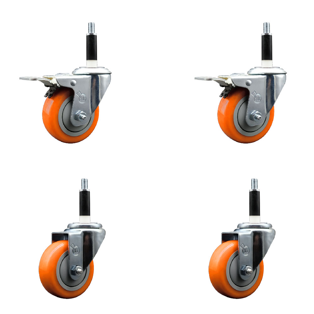 Polyurethane Swivel Expanding Stem Caster Set of 4 with 3.5 Inch Orange Wheels and 7/8" Stems - Includes 2 with Total Locking Brakes - 1200 lbs Total Capacity - Service Caster Brand — photo 1