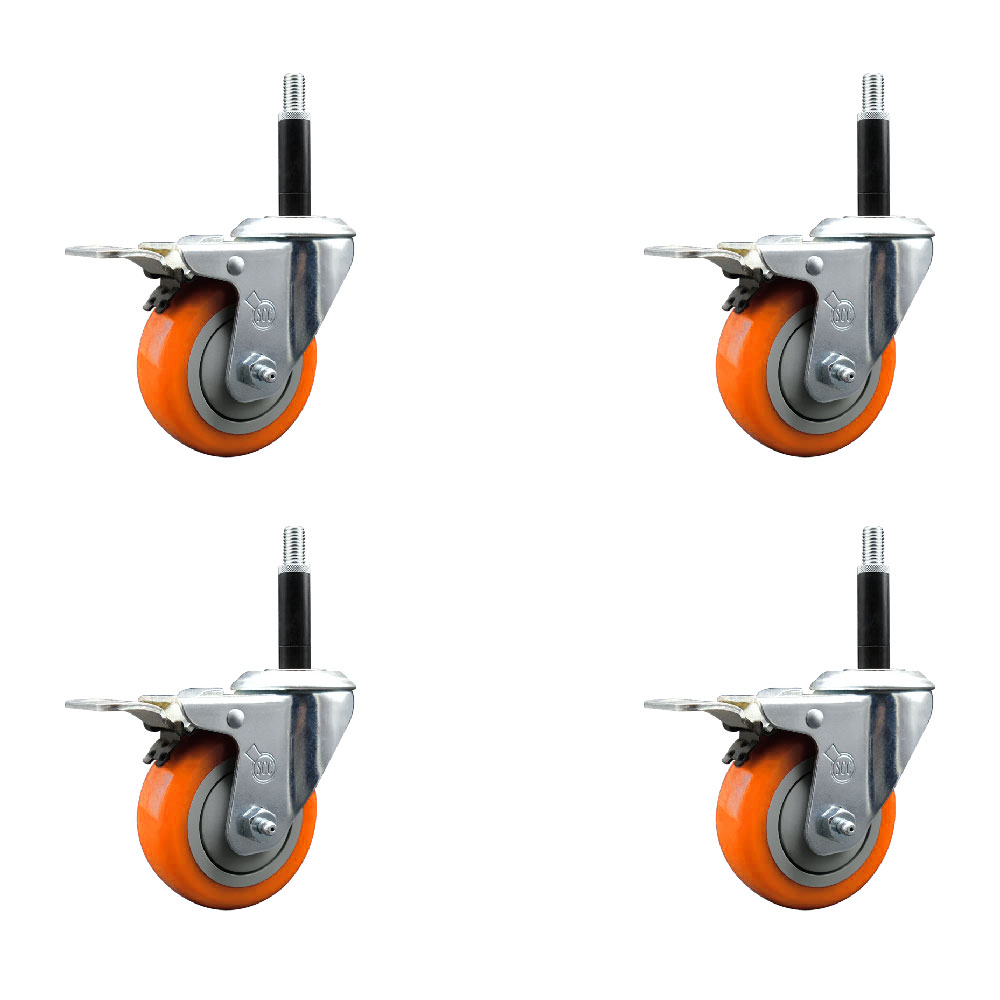 Polyurethane Swivel Expanding Stem Caster Set of 4 with 3.5 Inch Orange Wheels and 3/4" Stems - Includes 4 Swivel with Total Locking Brakes - 300 lbs. Capacity Per Caster - Service Caster Brand — photo 1