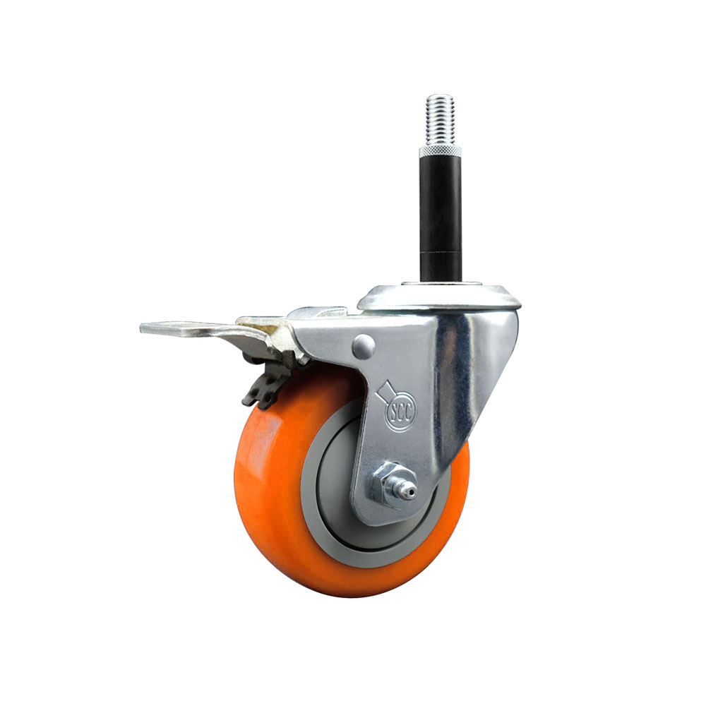 Polyurethane Expanding Stem Swivel Caster with 3.5 Inch Orange Wheel and 3/4" Stem & Total Locking Brake - 300 lbs. Capacity Per Caster - Service Caster Brand — photo 1