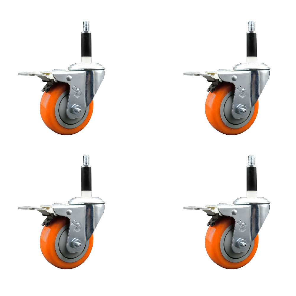 Polyurethane Swivel Expanding Stem Caster Set of 4 with 3.5 Inch Orange Wheels and 7/8" Stems - Includes 4 Swivel with Total Locking Brakes - 300 lbs. Capacity Per Caster - Service Caster Brand — photo 1