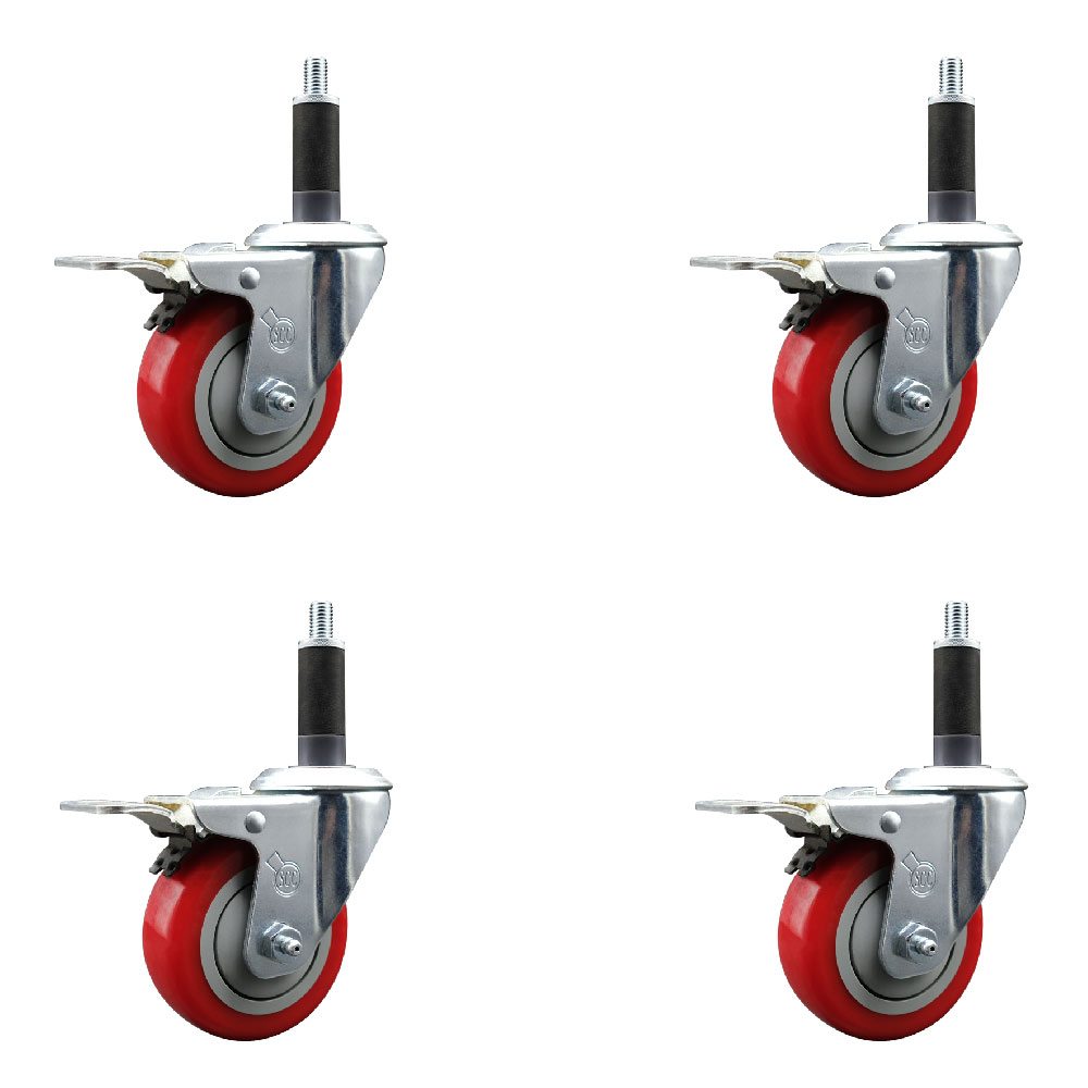 Stainless Steel Polyurethane Swivel Expanding Stem Caster Set of 4 with 3.5 Inch Red Wheels and 1" Stems - 4 Swivel with Total Locking Brakes - 300 lbs. Capacity Per Caster - Service Caster Brand — photo 1