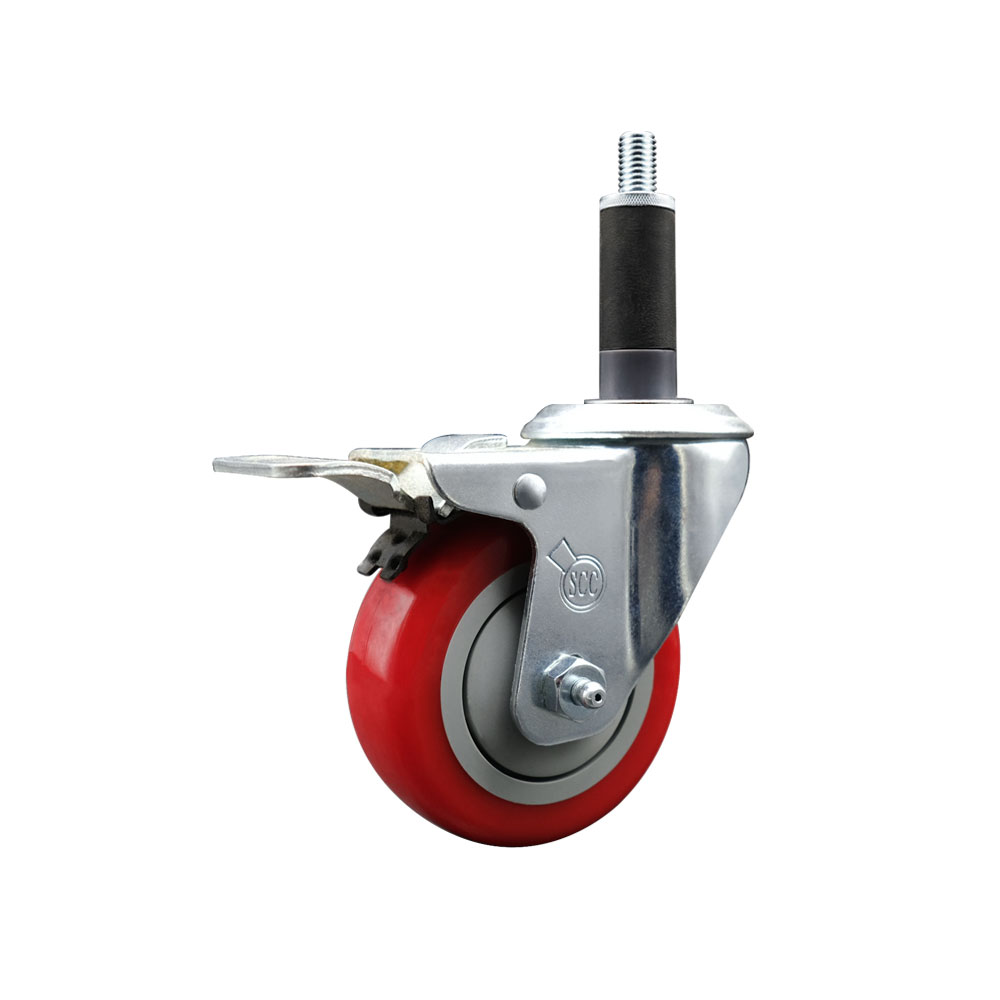 Stainless Steel Polyurethane Expanding Stem Swivel Caster with 3.5 Inch Red Wheel and 1" Stem & Total Locking Brake - 300 lbs. Capacity Per Caster - Service Caster Brand — photo 1