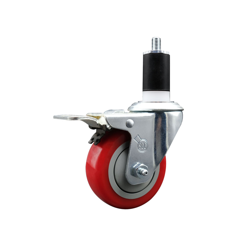 Stainless Steel Polyurethane Expanding Stem Swivel Caster with 3.5 Inch Red Wheel and 1-1/2" Stem & Total Locking Brake - 300 lbs. Capacity Per Caster - Service Caster Brand — photo 1