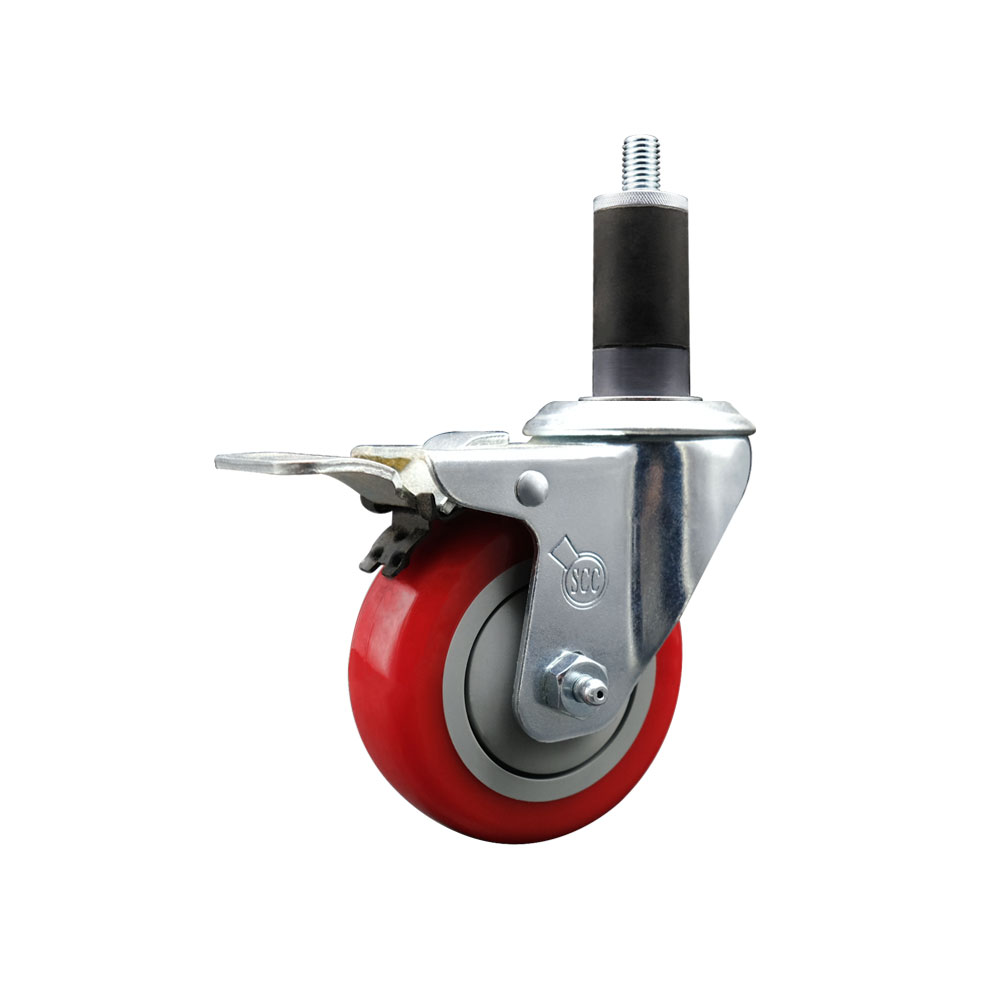 Polyurethane Expanding Stem Swivel Caster with 3.5 Inch Red Wheel and 1-1/4" Stem & Total Locking Brake - 300 lbs. Capacity Per Caster - Service Caster Brand — photo 1