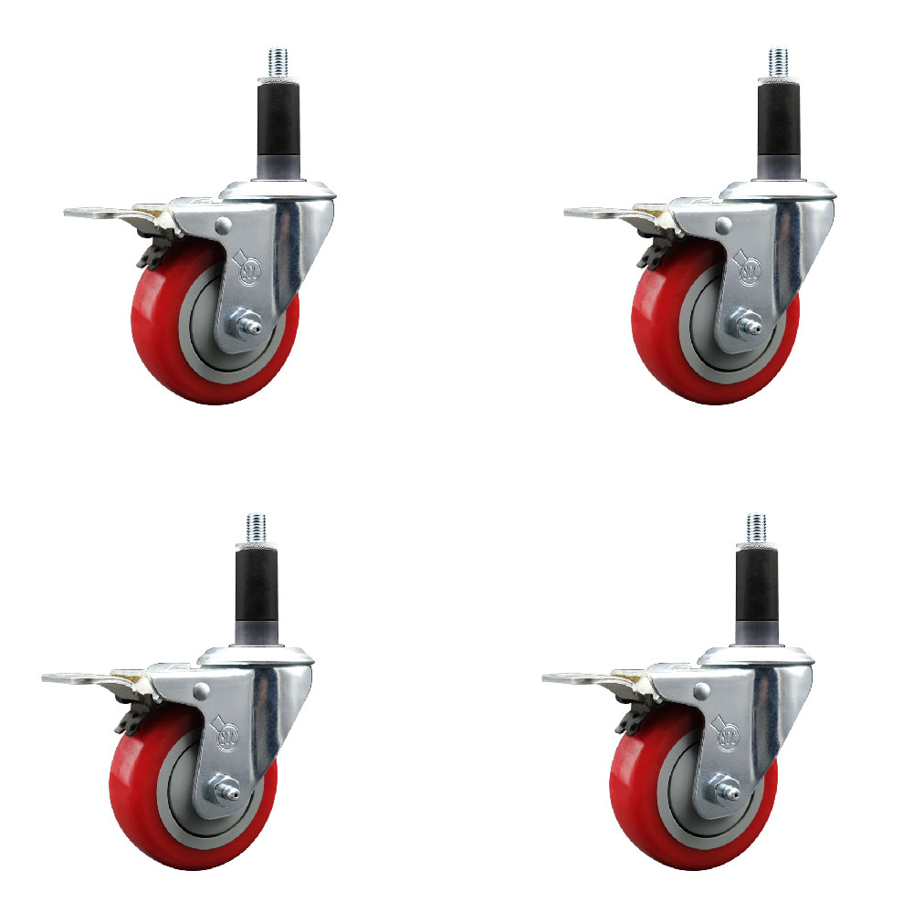 Stainless Steel Polyurethane Swivel Expanding Stem Caster Set of 4 with 3.5 Inch Red Wheels and 1-1/8" Stems - 4 Swivel with Total Locking Brakes - 300 lbs. Capacity Per Caster - Service Caster Brand — photo 1
