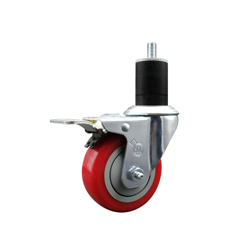 Stainless Steel Polyurethane Expanding Stem Swivel Caster with 3.5 Inch Red Wheel and 1-3/4" Stem & Total Locking Brake - 300 lbs. Capacity Per Caster - Service Caster Brand — photo 1