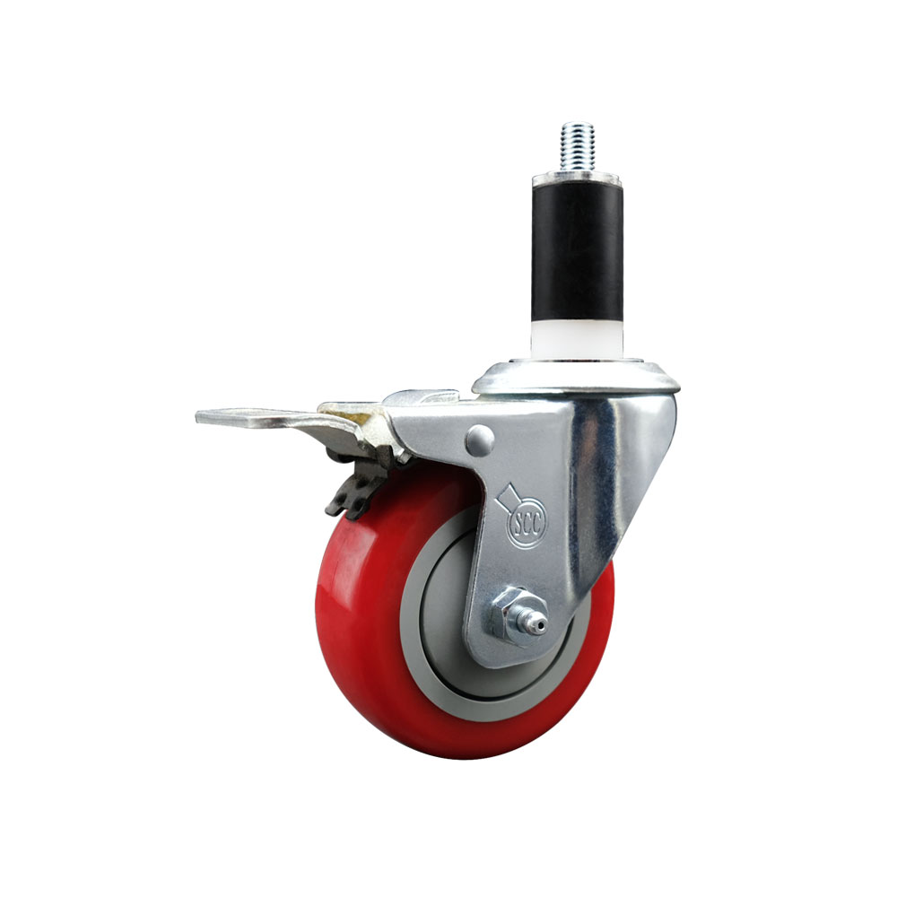 Polyurethane Expanding Stem Swivel Caster with 3.5 Inch Red Wheel and 1-3/8" Stem & Total Locking Brake - 300 lbs. Capacity Per Caster - Service Caster Brand — photo 1