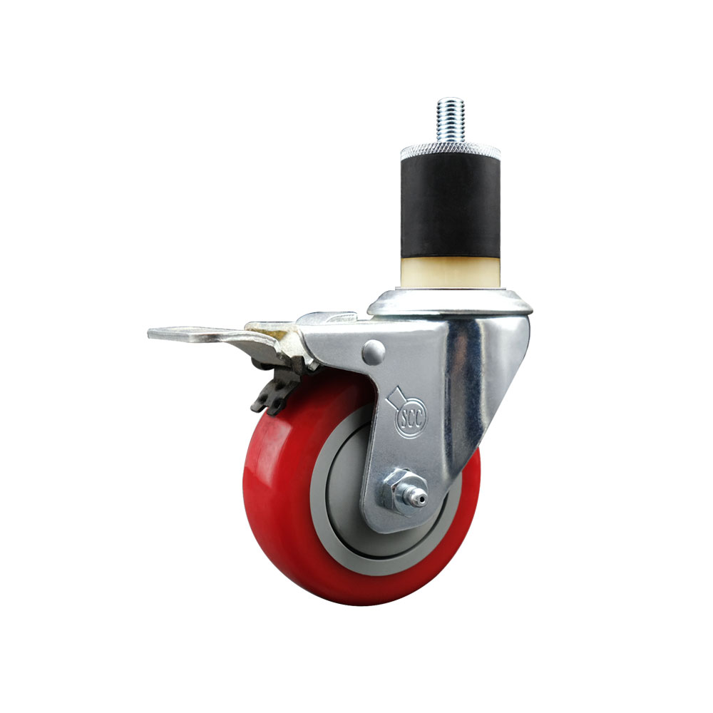 Stainless Steel Polyurethane Expanding Stem Swivel Caster with 3.5 Inch Red Wheel and 1-7/8" Stem & Total Locking Brake - 300 lbs. Capacity Per Caster - Service Caster Brand — photo 1
