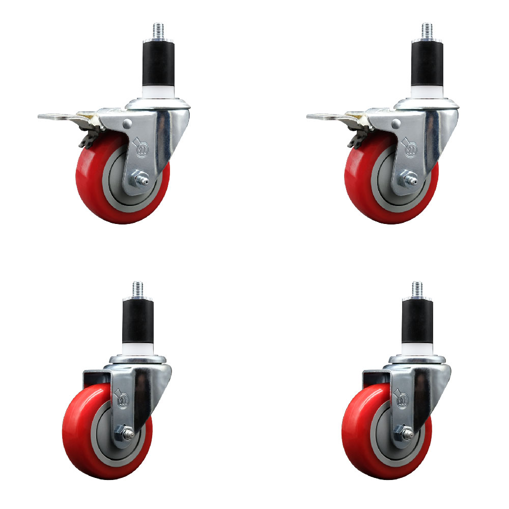 Polyurethane Swivel Expanding Stem Caster Set of 4 with 3.5 Inch Red Wheels and 1-1/2" Stems - Includes 2 with Total Locking Brakes - 1200 lbs Total Capacity - Service Caster Brand — photo 1