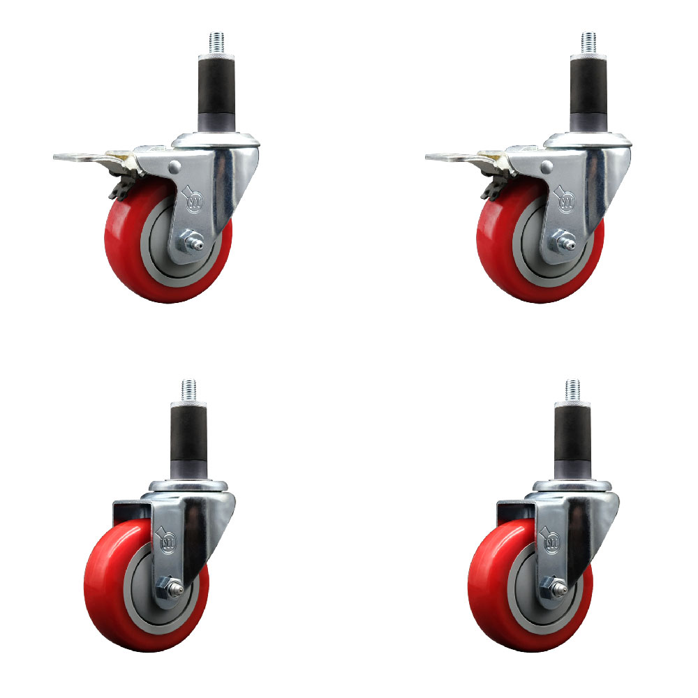 Polyurethane Swivel Expanding Stem Caster Set of 4 with 3.5 Inch Red Wheels and 1-1/4" Stems - Includes 2 with Total Locking Brakes - 1200 lbs Total Capacity - Service Caster Brand — photo 1