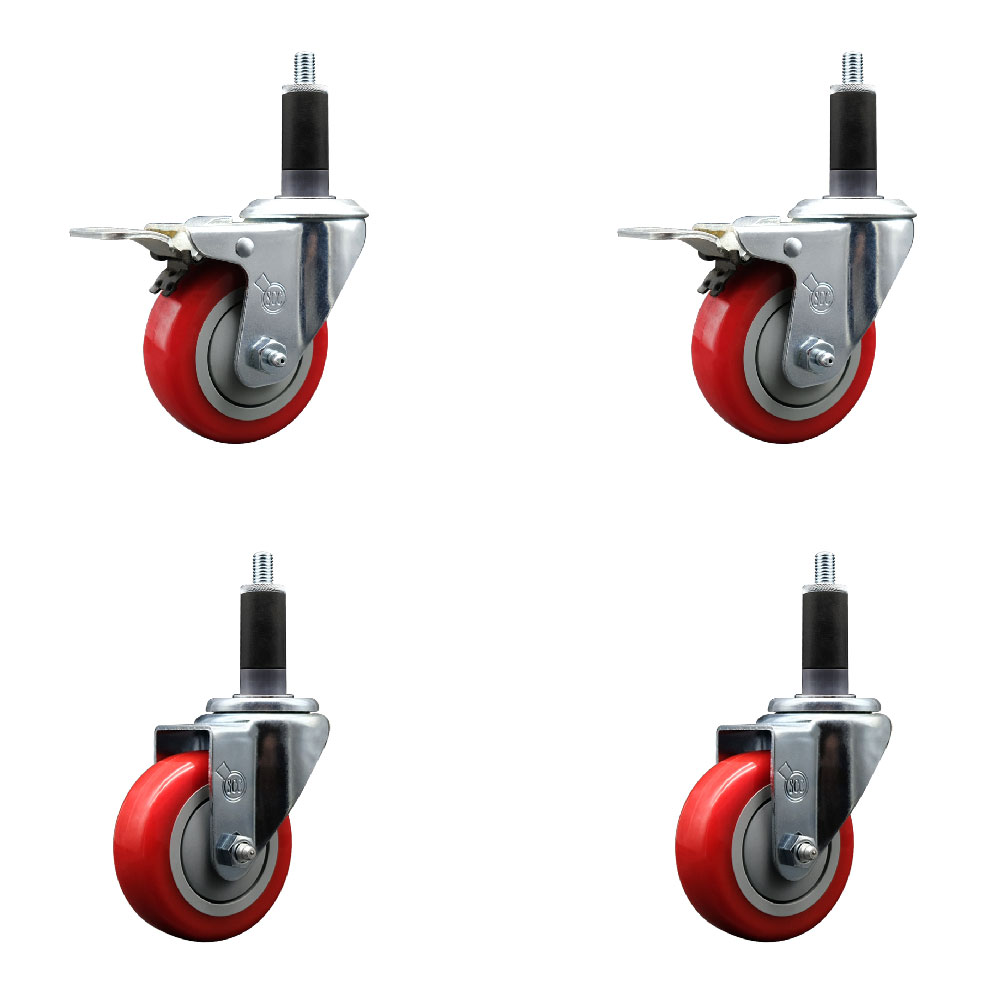 Stainless Steel Polyurethane Swivel Expanding Stem Caster Set of 4 with 3.5 Inch Red Wheels and 1-1/8" Stems - Includes 2 with Total Locking Brakes - 1200 lbs Total Capacity - Service Caster Brand — photo 1