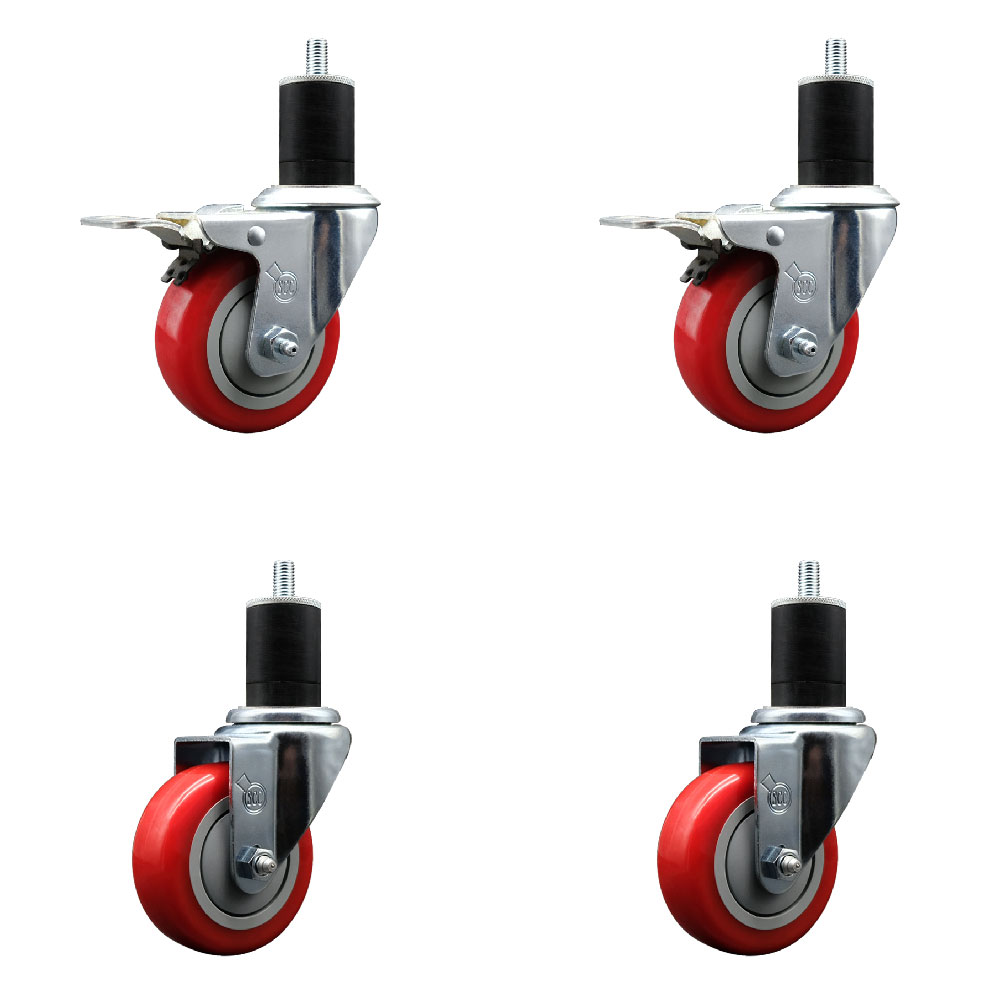 Polyurethane Swivel Expanding Stem Caster Set of 4 with 3.5 Inch Red Wheels and 1-3/4" Stems - Includes 2 with Total Locking Brakes - 1200 lbs Total Capacity - Service Caster Brand — photo 1