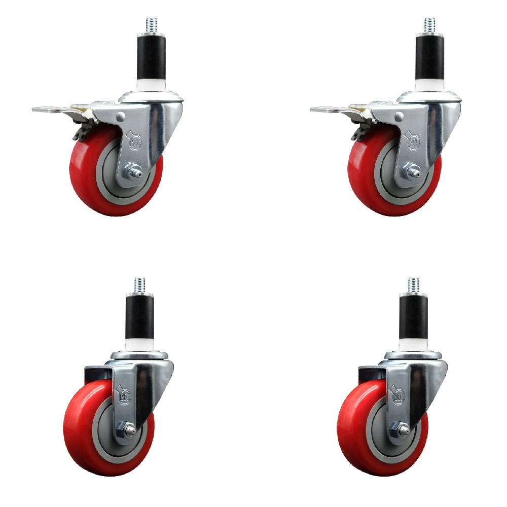 Polyurethane Swivel Expanding Stem Caster Set of 4 with 3.5 Inch Red Wheels and 1-3/8" Stems - Includes 2 with Total Locking Brakes - 1200 lbs Total Capacity - Service Caster Brand — photo 1