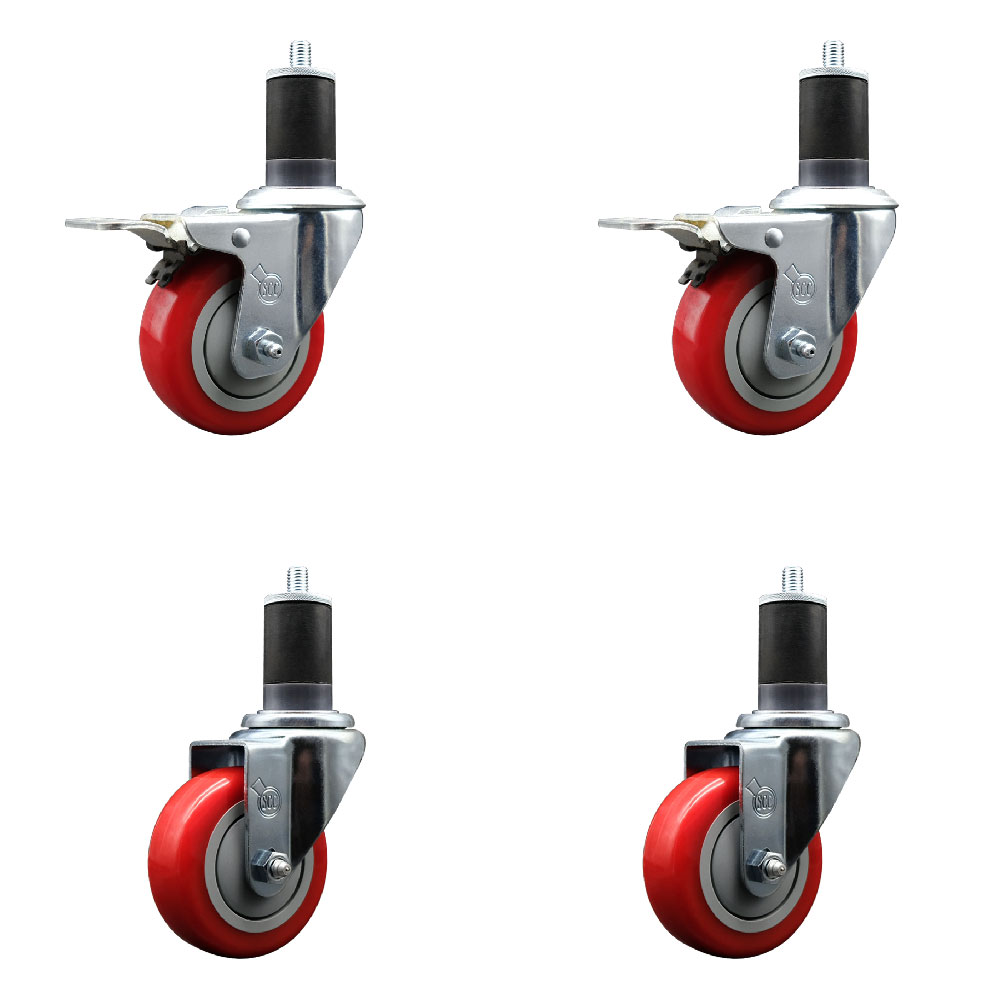 Polyurethane Swivel Expanding Stem Caster Set of 4 with 3.5 Inch Red Wheels and 1-5/8" Stems - Includes 2 with Total Locking Brakes - 1200 lbs Total Capacity - Service Caster Brand — photo 1
