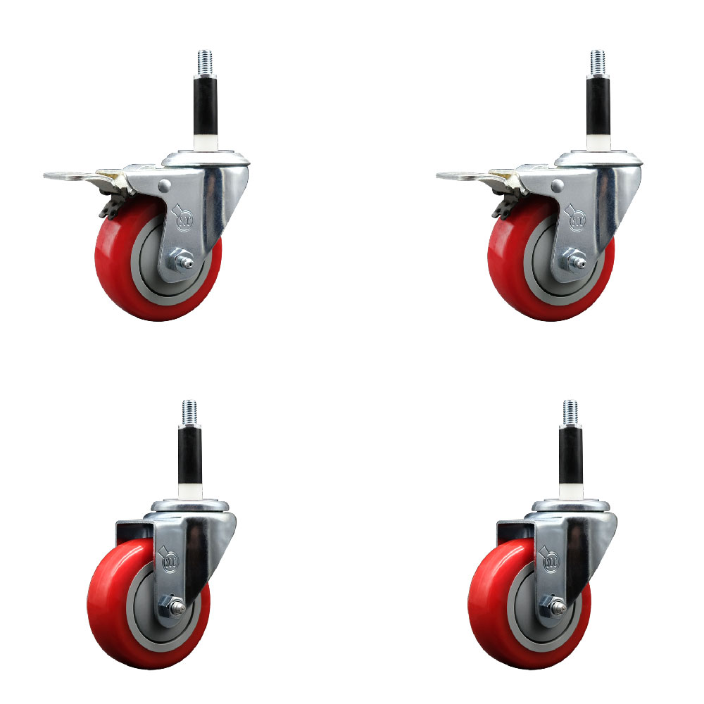 Polyurethane Swivel Expanding Stem Caster Set of 4 with 3.5 Inch Red Wheels and 7/8" Stems - Includes 2 with Total Locking Brakes - 1200 lbs Total Capacity - Service Caster Brand — photo 1