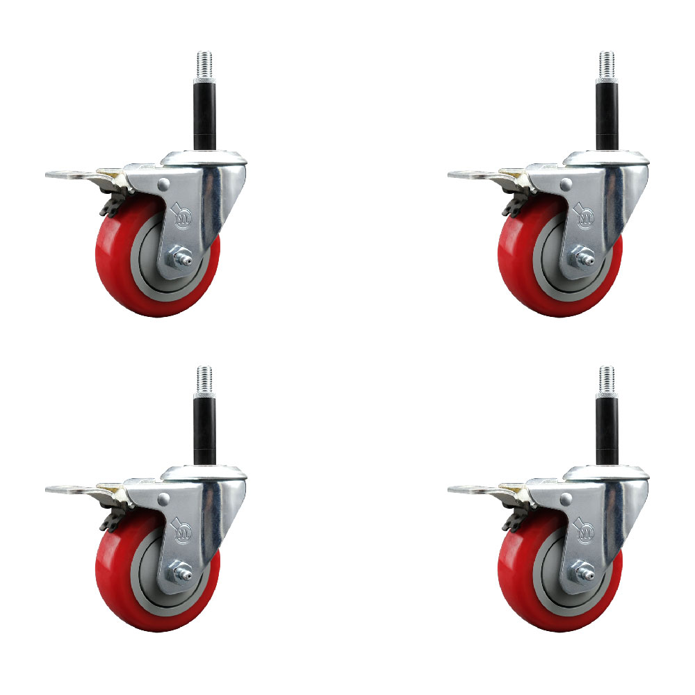 Polyurethane Swivel Expanding Stem Caster Set of 4 with 3.5 Inch Red Wheels and 3/4" Stems - Includes 4 Swivel with Total Locking Brakes - 300 lbs. Capacity Per Caster - Service Caster Brand — photo 1