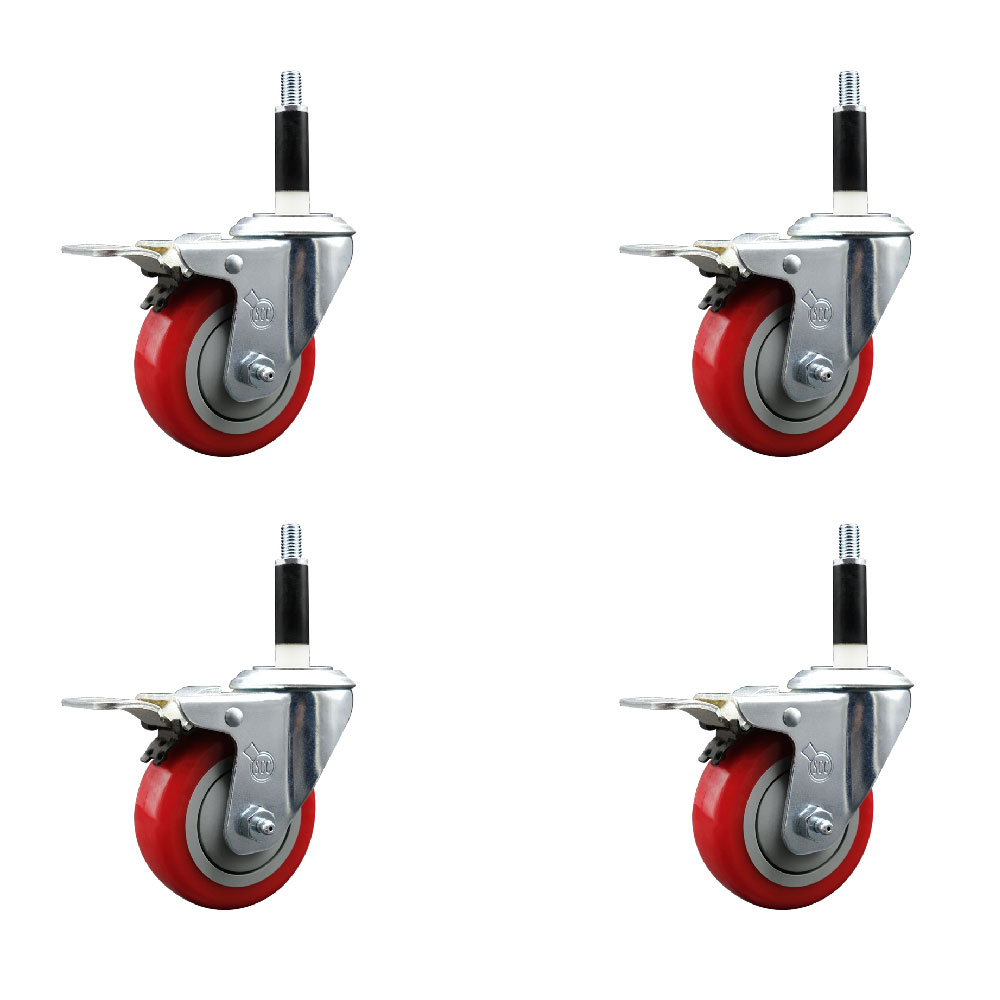 Polyurethane Swivel Expanding Stem Caster Set of 4 with 3.5 Inch Red Wheels and 7/8" Stems - Includes 4 Swivel with Total Locking Brakes - 300 lbs. Capacity Per Caster - Service Caster Brand — photo 1