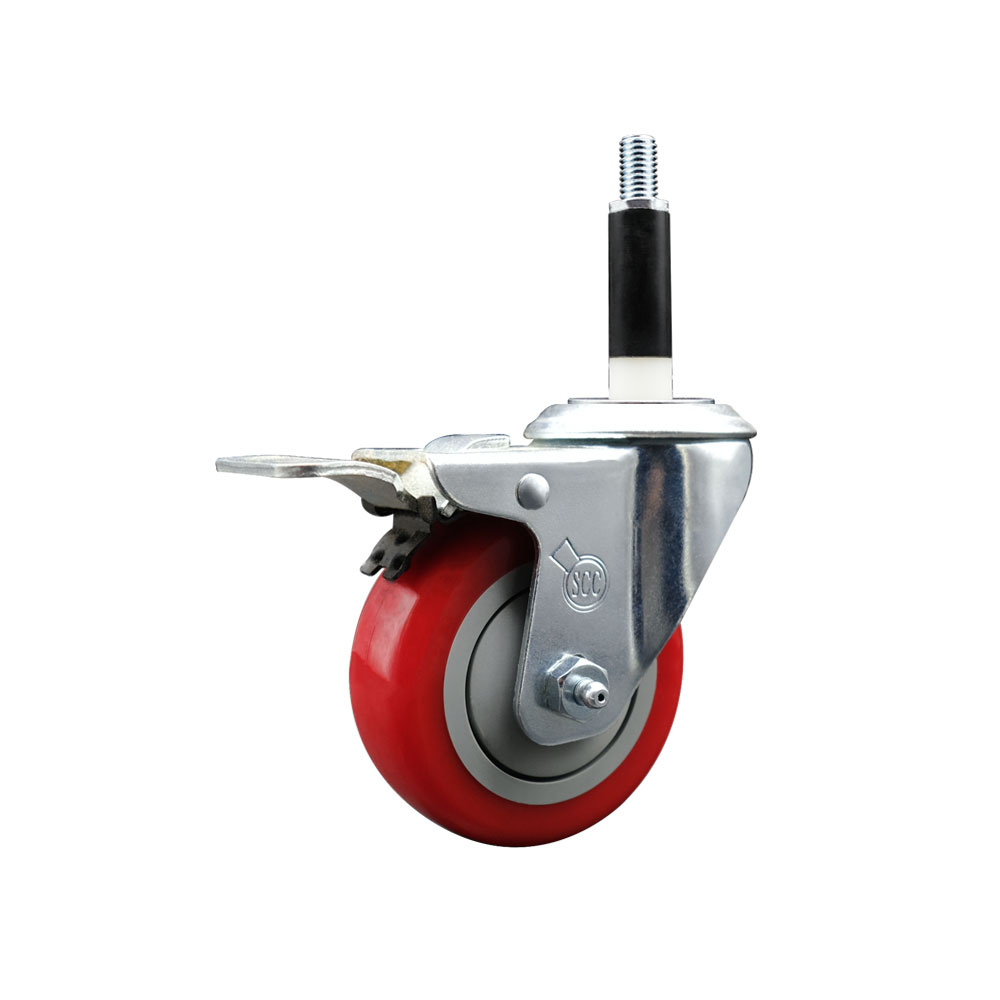 Polyurethane Expanding Stem Swivel Caster with 3.5 Inch Red Wheel and 7/8" Stem & Total Locking Brake - 300 lbs. Capacity Per Caster - Service Caster Brand — photo 1