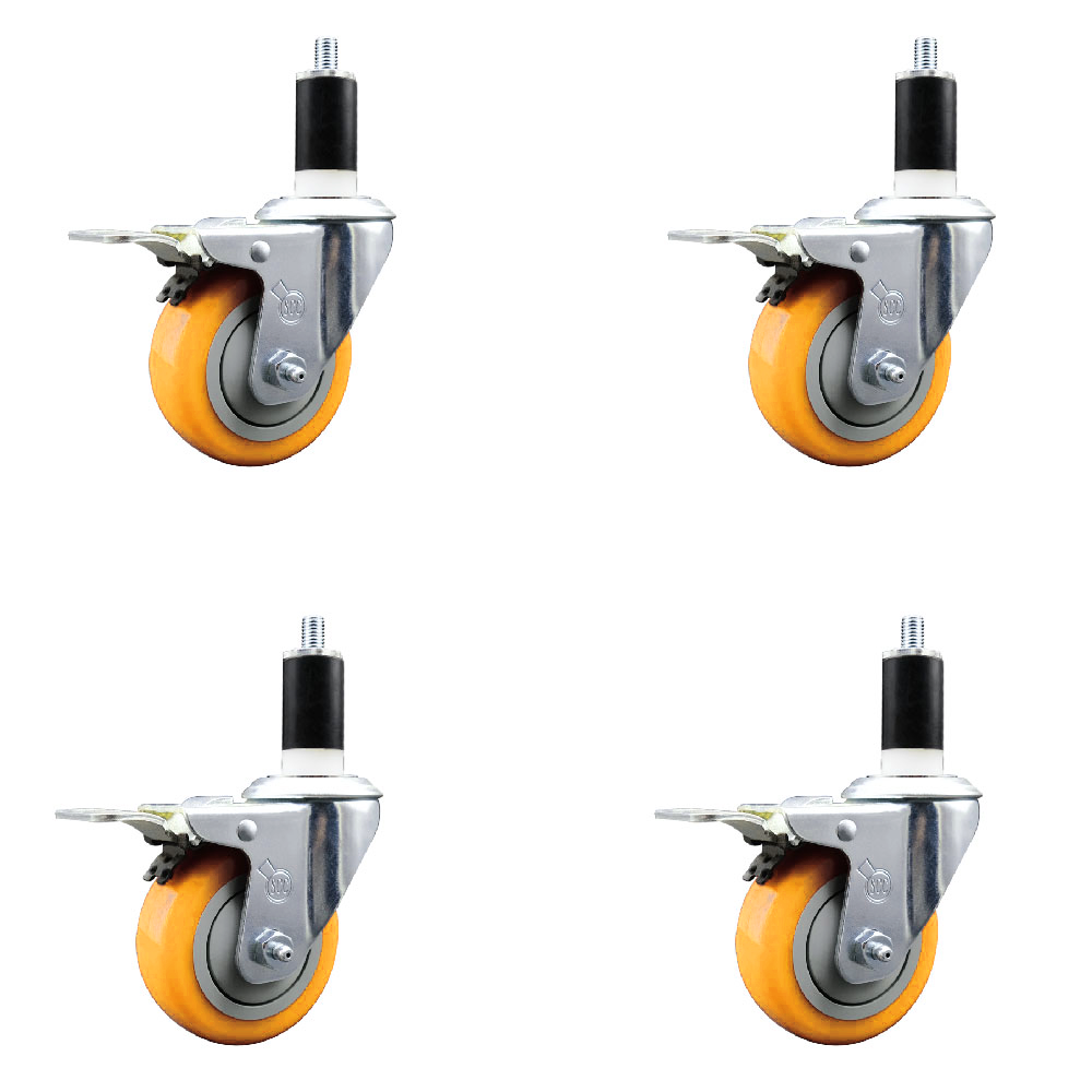 Stainless Steel Polyurethane Swivel Expanding Stem Caster Set of 4 with 3.5 Inch Yellow Wheel and 1-3/8" Stem-Include 4 Swivel with Total Locking Brake-300lbs. Capacity Per Caster-Service Caster Brand — photo 1