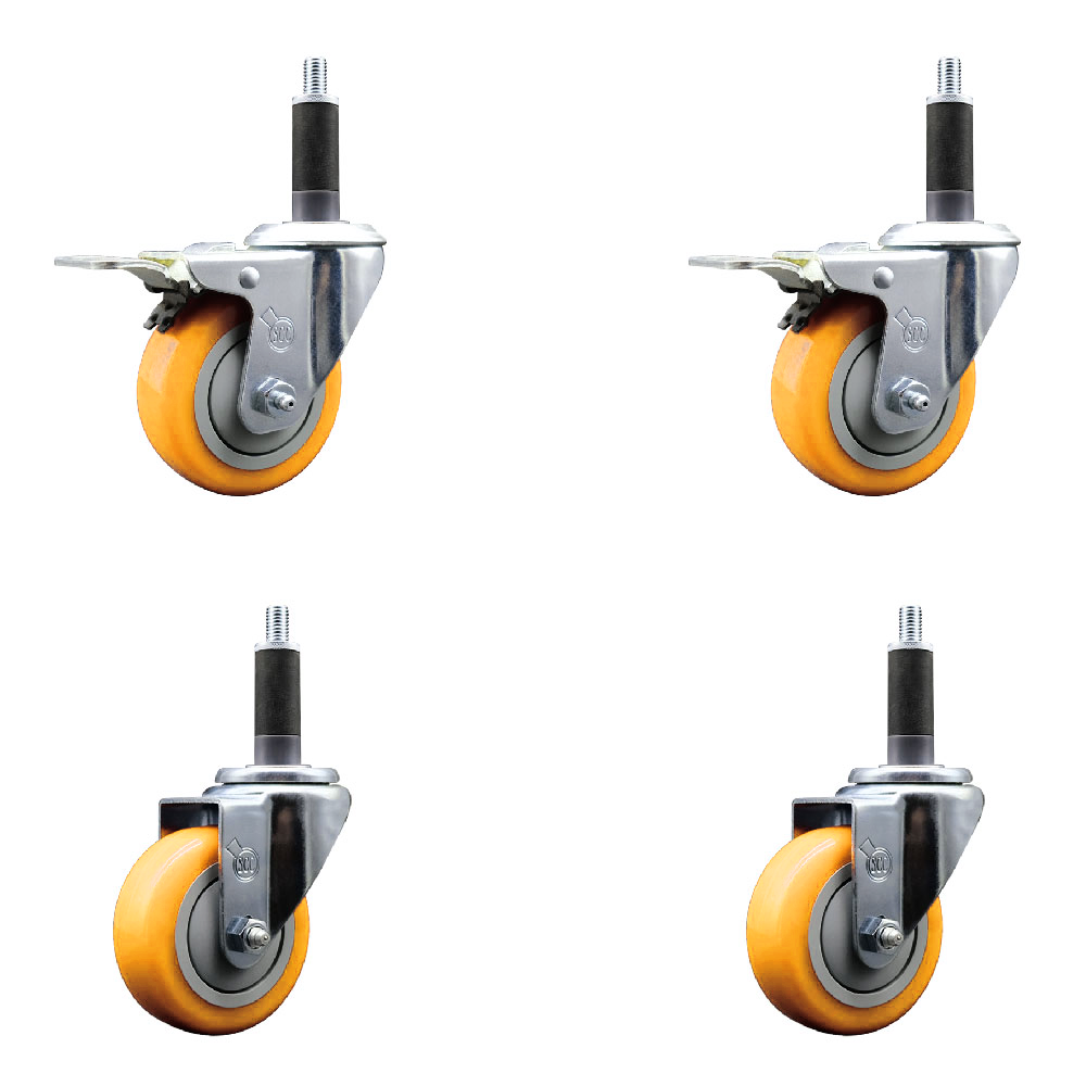 Stainless Steel Polyurethane Swivel Expanding Stem Caster Set of 4 with 3.5 Inch Yellow Wheels and 1" Stems - Includes 2 with Total Locking Brakes - 1200 lbs Total Capacity - Service Caster Brand — photo 1