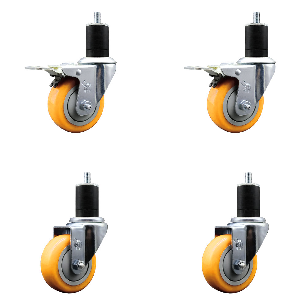 Stainless Steel Polyurethane Swivel Expanding Stem Caster Set of 4 with 3.5 Inch Yellow Wheels and 1-3/4" Stems - Includes 2 with Total Locking Brakes - 1200 lbs Total Capacity - Service Caster Brand — photo 1