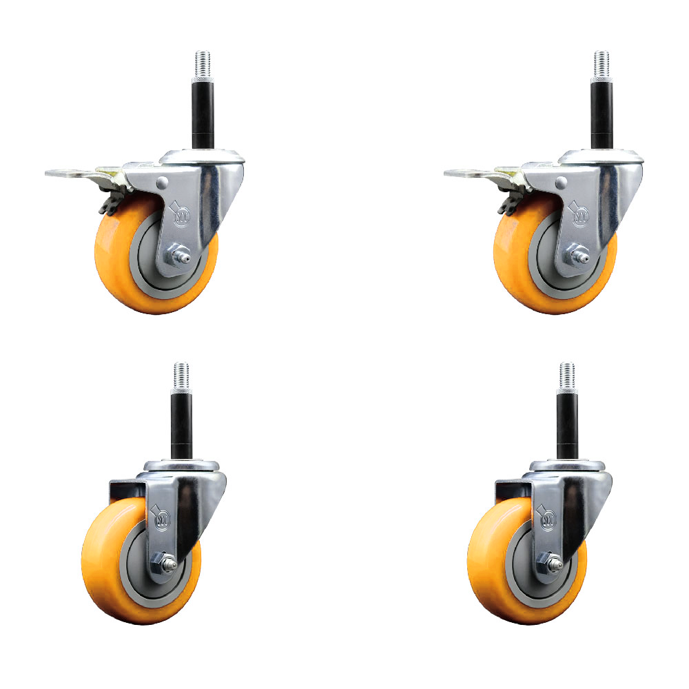 Stainless Steel Polyurethane Swivel Expanding Stem Caster Set of 4 with 3.5 Inch Yellow Wheels and 3/4" Stems - Includes 2 with Total Locking Brakes - 1200 lbs Total Capacity - Service Caster Brand — photo 1