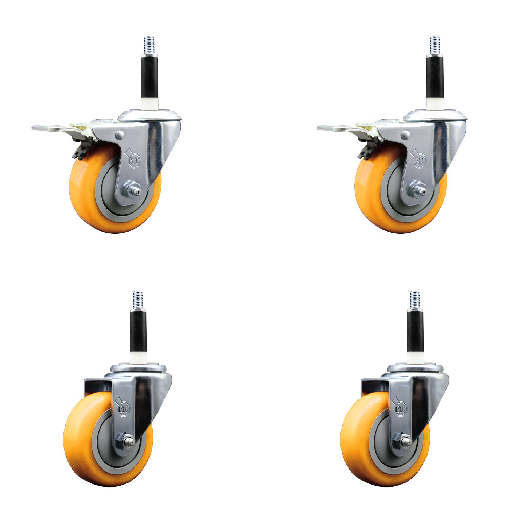 Polyurethane Swivel Expanding Stem Caster Set of 4 with 3.5 Inch Yellow Wheels and 7/8" Stems - Includes 2 with Total Locking Brakes - 1200 lbs Total Capacity - Service Caster Brand — photo 1
