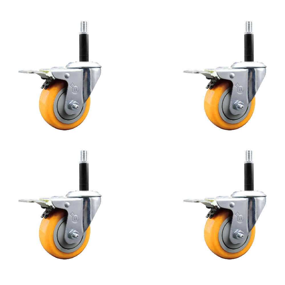 Stainless Steel Polyurethane Swivel Expanding Stem Caster Set of 4 with 3.5 Inch Yellow Wheels and 3/4" Stems-Include 4 Swivel with Total Locking Brake-300lbs. Capacity Per Caster-Service Caster Brand — photo 1