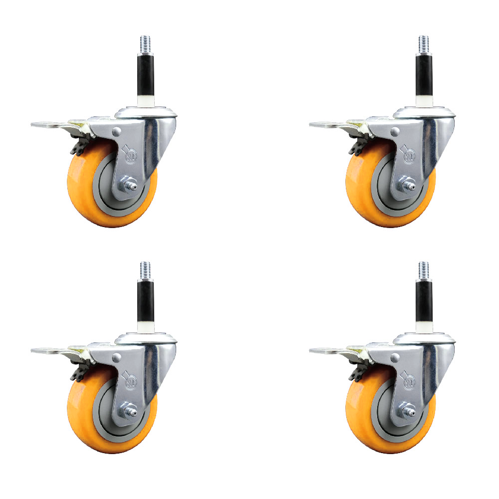 Stainless Steel Polyurethane Swivel Expanding Stem Caster Set of 4 with 3.5 Inch Yellow Wheels and 7/8" Stems-Include 4 Swivel with Total Locking Brake-300lbs. Capacity Per Caster-Service Caster Brand — photo 1