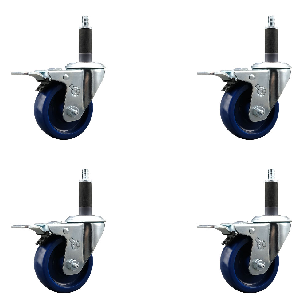 Solid Polyurethane Swivel Expanding Stem Caster Set of 4 with 3.5 Inch Blue Wheels and 1" Stems - Includes 4 Swivel with Total Locking Brakes - 300 lbs. Capacity Per Caster - Service Caster Brand — photo 1