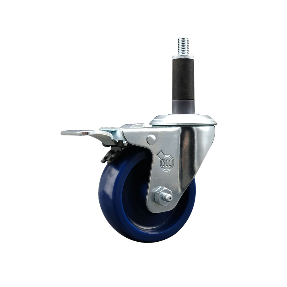 Solid Polyurethane Expanding Stem Swivel Caster with 3.5 Inch Blue Wheel and 1" Stem & Total Locking Brake - 300 lbs. Capacity Per Caster - Service Caster Brand — photo 1