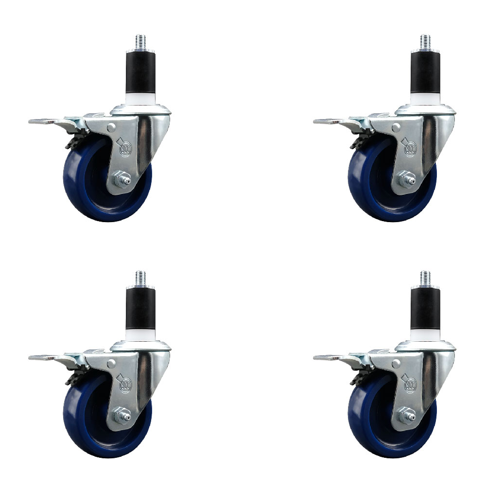 Solid Polyurethane Swivel Expanding Stem Caster Set of 4 with 3.5 Inch Blue Wheels and 1-1/2" Stems - Includes 4 Swivel with Total Locking Brakes - 300 lbs. Capacity Per Caster - Service Caster Brand — photo 1